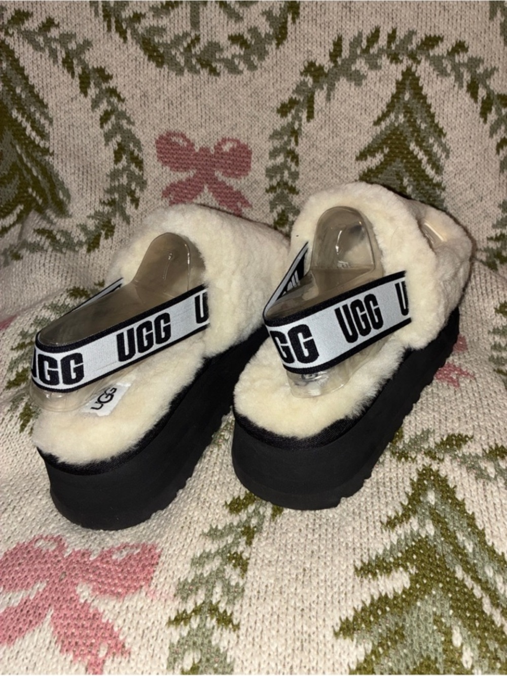 UGG Cream Shearling Platform Mules with Black Logo Strap